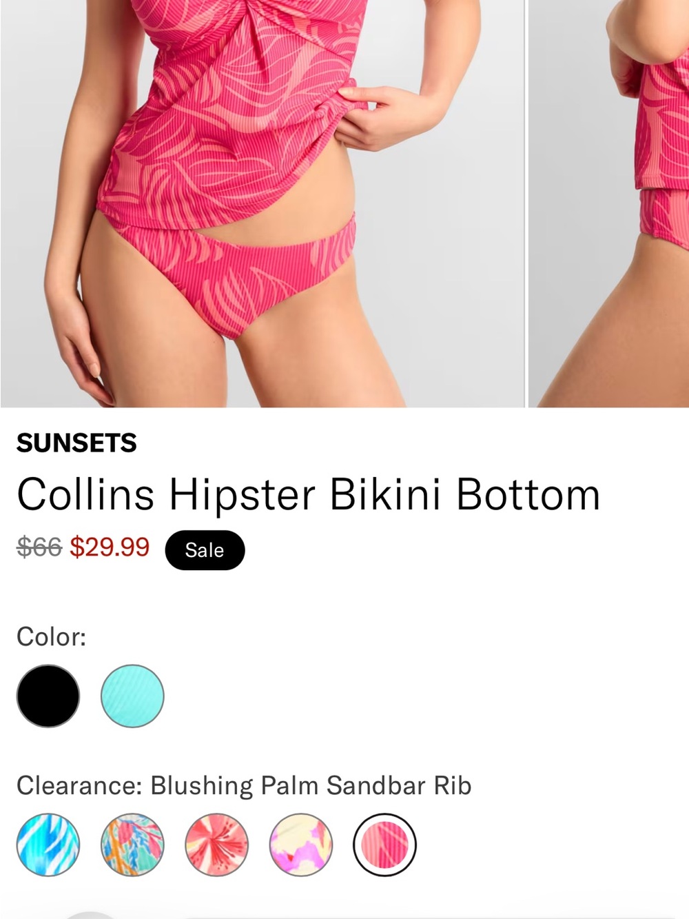 Sunsets Collins Hipster Bikini Bottom S Pink Blushing Palms Rib NWT - Picture 2 of 8